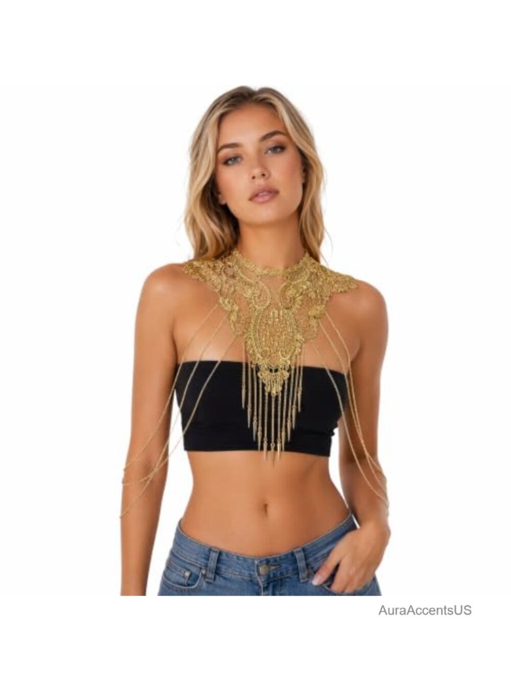 Gold Body Chain Necklace Shoulder Jewelry Women Lace Cape Festival Accessory